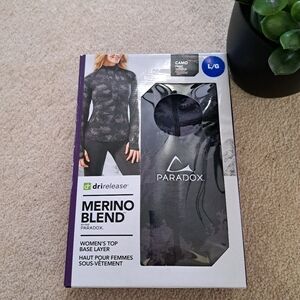 Paradox Women's Top Merino Blend Base Layer Grey Camo Size Large 1/4 Zip NEW